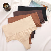 A collection of high waist butt lifter thongs in beige, brown, black, and other colors displayed on a flat surface.